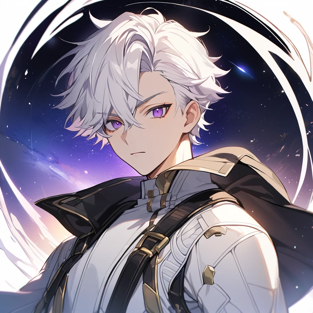 High quality, HD, 4k, no shadows, handsome male, 1male, 17 years old, teenager, golden lining, short white hair, sharp eyes, dark purple eyes, deep purple eyes, devil may cry, close up, calm expression, stoic expression, black leather clothes, white leather clothing, lean body, well trained body, upper body, looking at viewer, cowboy shot, white solar, space background