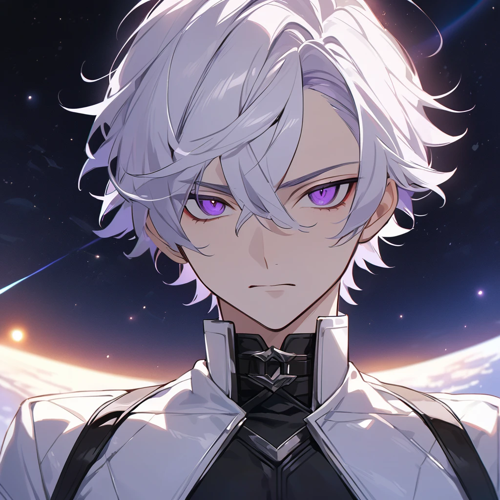 High quality, HD, 4k, no shadows, handsome male, 1male, 17 years old, teenager, golden lining, short white hair, sharp eyes, dark purple eyes, deep purple eyes, devil may cry, close up, calm expression, stoic expression, black leather clothes, white leather clothing, lean body, well trained body, upper body, looking at viewer, cowboy shot, white solar, space background