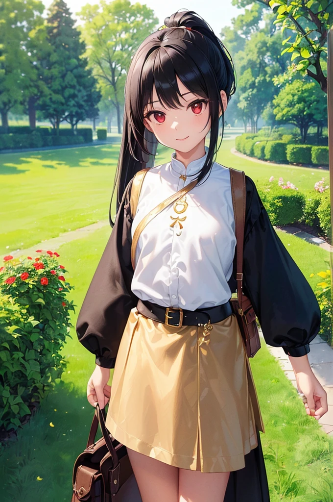 (masterpiece; best quality: 1.2), (finely detailed eyes: 1.3), ((10 year old female kid)), ((solo)), (red eyes: 1.4), (body; short, slender: 1.3), (black hair in ponytail: 1.3), (beautiful and clear background: 1.2), ((depth of field)), (clothes: wanderer mage attire + white-and-gold wide-sleeve shirt + very long black skirt + traveler pouches and satchel: 1.3), (anime illustration: 1.2), (background; garden exterior: 1.1), (extremely fine and beautiful: 1.1), (shot composition; standing + centered on torso + close-up: 1.5), (expression; calm, smile: 1.2)