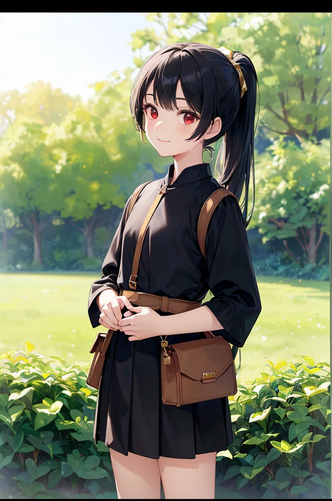 (masterpiece; best quality: 1.2), (finely detailed eyes: 1.3), ((10 year old female ???)), ((solo)), (red eyes: 1.4), (body; short, slender: 1.3), (black hair in ponytail: 1.3), (beautiful and clear background: 1.2), ((depth of field)), (clothes: wanderer mage attire + white-and-gold wide-sleeve shirt + very long black skirt + traveler pouches and satchel: 1.3), (anime illustration: 1.2), (background; garden exterior: 1.1), (extremely fine and beautiful: 1.1), (shot composition; standing + centered on torso + close-up: 1.5), (expression; calm, smile: 1.2)