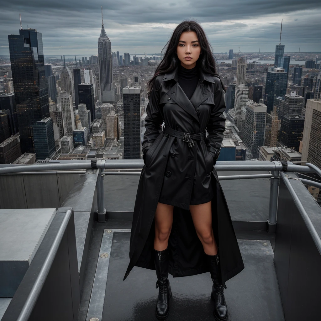 A cryptic girl in a black trench coat is standing on a sky scraper roof top
