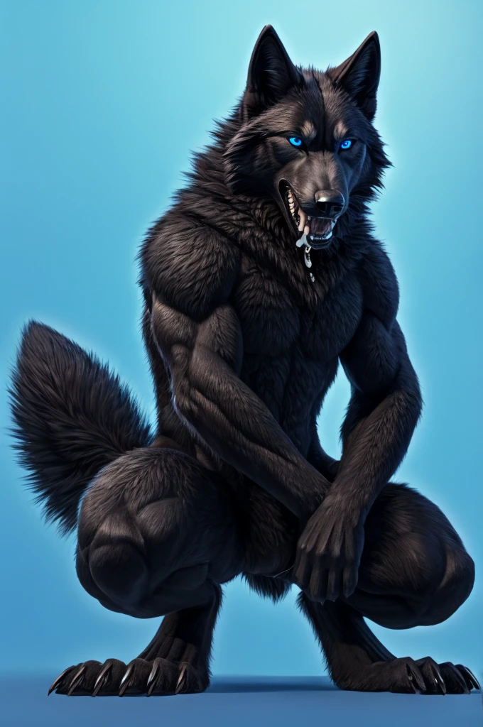 Perspective from below black wolf naked male furry legs apart looking down blue background squat pose blue eyes serious look claws on knees fluffy tail scars growling salivating