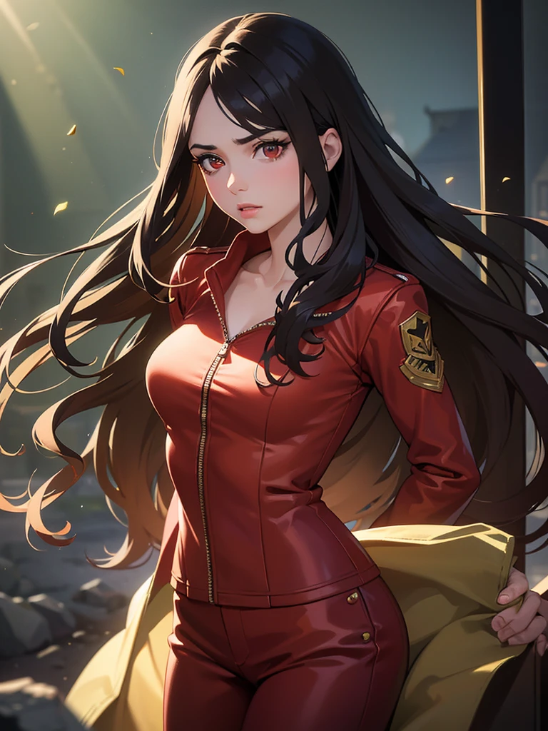 a girl with long wavy brown hair, beautiful detailed red eyes, beautiful detailed lips, extremely detailed face, small eyelashes, green zipper jacket open, brown pants, moody expression, flushed, 1girl, (best quality,4k,8k,highres,masterpiece:1.2),ultra-detailed,(realistic,photorealistic,photo-realistic:1.37),studio lighting,vibrant colors,dramatic lighting,cinematic