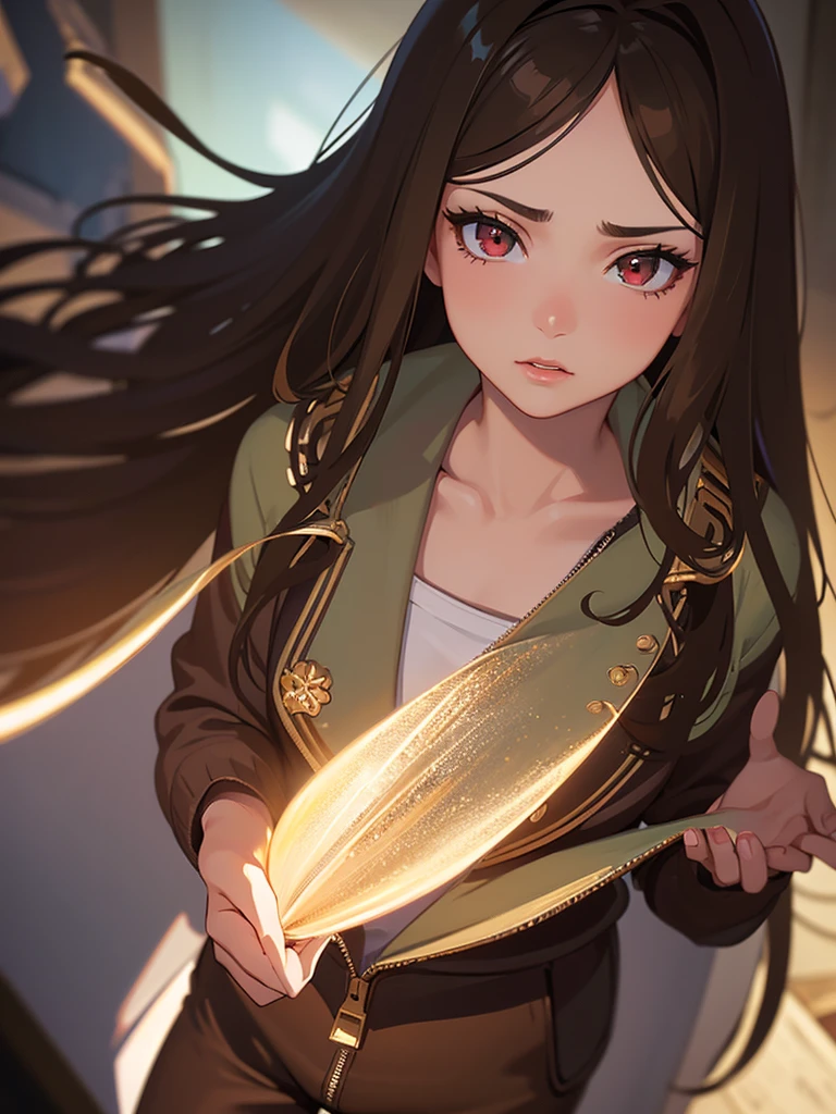 a girl with long wavy brown hair, beautiful detailed red eyes, beautiful detailed lips, extremely detailed face, small eyelashes, green zipper jacket open, brown pants, moody expression, flushed, 1girl, (best quality,4k,8k,highres,masterpiece:1.2),ultra-detailed,(realistic,photorealistic,photo-realistic:1.37),studio lighting,vibrant colors,dramatic lighting,cinematic
