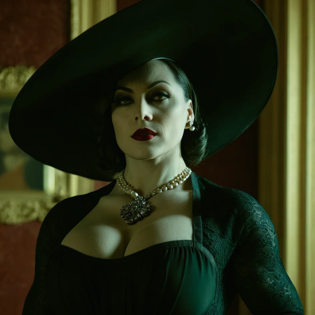 cinematic film still of Alcina Dimitrescu, Mrs. Dimitrescu, muscular, bodybuilding, Women, partially covered in shadow, Face covered in shadow, dramatic light, big old, Dimitrescu, White skin, pale skin, Red lips, Alcina Dimitrescu, Mrs. Dimitrescu, muscular, a Women in a black GOOD and a large has, 1 girl, Alone, old, by rubio,, background of the mansion, has, neckline, elegant dress, standing, GOOD, black GOOD, pale skin, lace trim, sun has, hand in hats, shallow depth of field, viñeta, Very detailed, high budget, bokeh, cinemascope, moody, epic, gorgeous, film grain, grainy