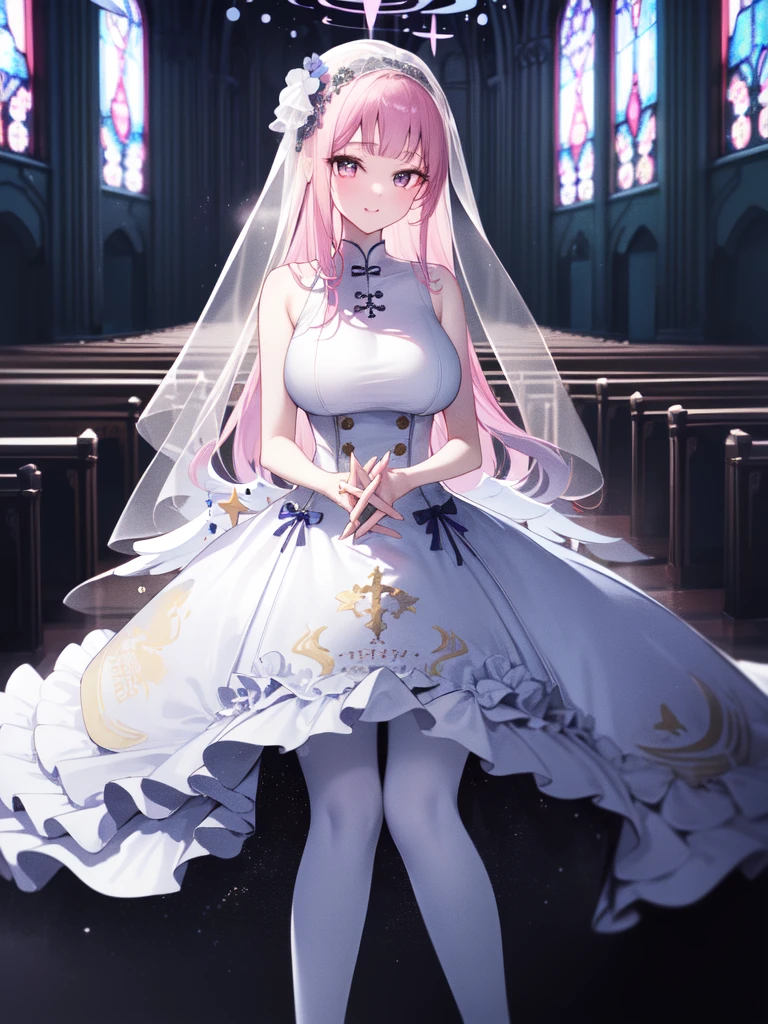 A girl，Long hair, Bangs, Pink Hair, Hair between the eyes, s eyes:（1.5),  (Large Breasts:1.2), 
rest  锁骨, Wedding dress，veil，wedding，White Dress，Flowers，The skirt is broken，White socks，Tights，White knee socks，
Looking at the audience, whole body,
indoors, church，permanent，permanent，
rest (masterpiece:1.2), best quality, high resolution, Unity 8K wallpaper, (illustration:0.8), (美丽细致s eyes:1.6), Extremely detailed face, Perfect lighting, Extremely detailed CG, (Perfect hands, Perfect anatomical structure),