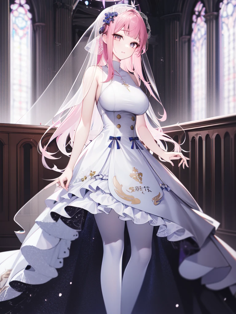 A girl，Long hair, Bangs, Pink Hair, Hair between the eyes, s eyes:（1.5),  (Large Breasts:1.2), 
rest  锁骨, Wedding dress，veil，wedding，White Dress，Flowers，The skirt is broken，White socks，Tights，White knee socks，
Looking at the audience, whole body,
indoors, church，permanent，permanent，
rest (masterpiece:1.2), best quality, high resolution, Unity 8K wallpaper, (illustration:0.8), (美丽细致s eyes:1.6), Extremely detailed face, Perfect lighting, Extremely detailed CG, (Perfect hands, Perfect anatomical structure),