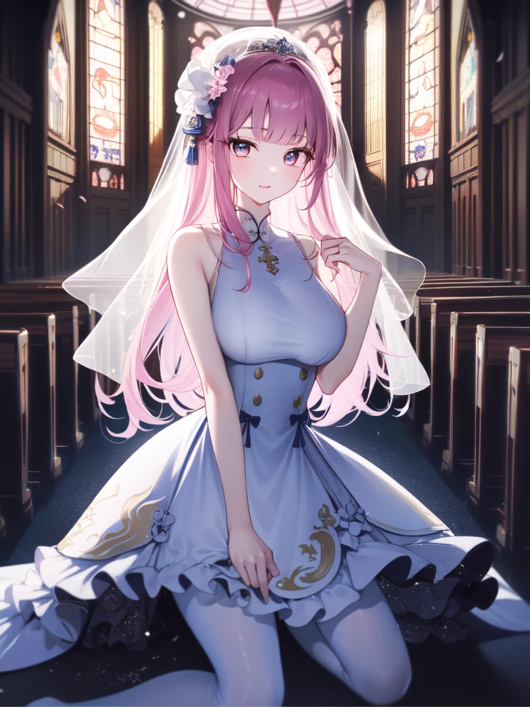 A girl，Long hair, Bangs, Pink Hair, Hair between the eyes, s eyes:（1.5),  (Large Breasts:1.2), 
rest  锁骨, Wedding dress，veil，wedding，White Dress，Flowers，The skirt is broken，White socks，Tights，White knee socks，
Looking at the audience, whole body,
indoors, church，permanent，permanent，
rest (masterpiece:1.2), best quality, high resolution, Unity 8K wallpaper, (illustration:0.8), (美丽细致s eyes:1.6), Extremely detailed face, Perfect lighting, Extremely detailed CG, (Perfect hands, Perfect anatomical structure),