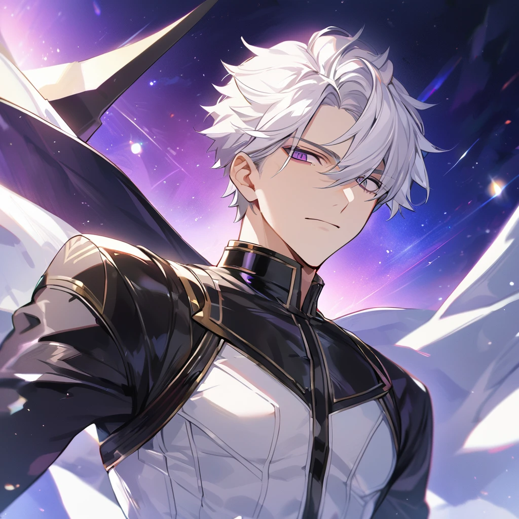 High quality, HD, 4k, no shadows, handsome male, 1male, 17 years old, teenager, golden lining, short white hair, sharp eyes, dark purple eyes, deep purple eyes, devil may cry, close up, calm expression, stoic expression, black leather clothes, white leather clothing, lean body, well trained body, upper body, looking at viewer, cowboy shot, white solar, space background