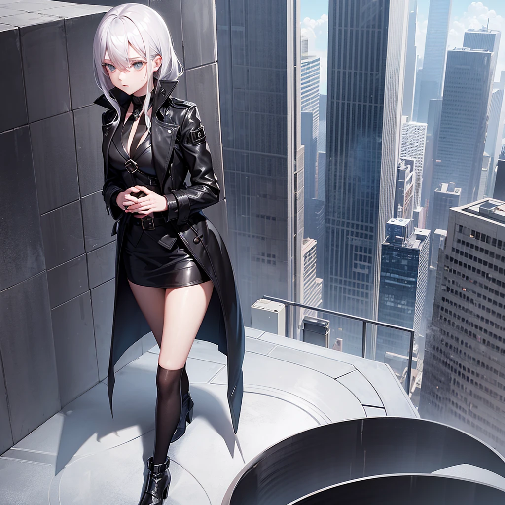 A cryptic girl in a black trench coat is standing on a sky scraper roof top
