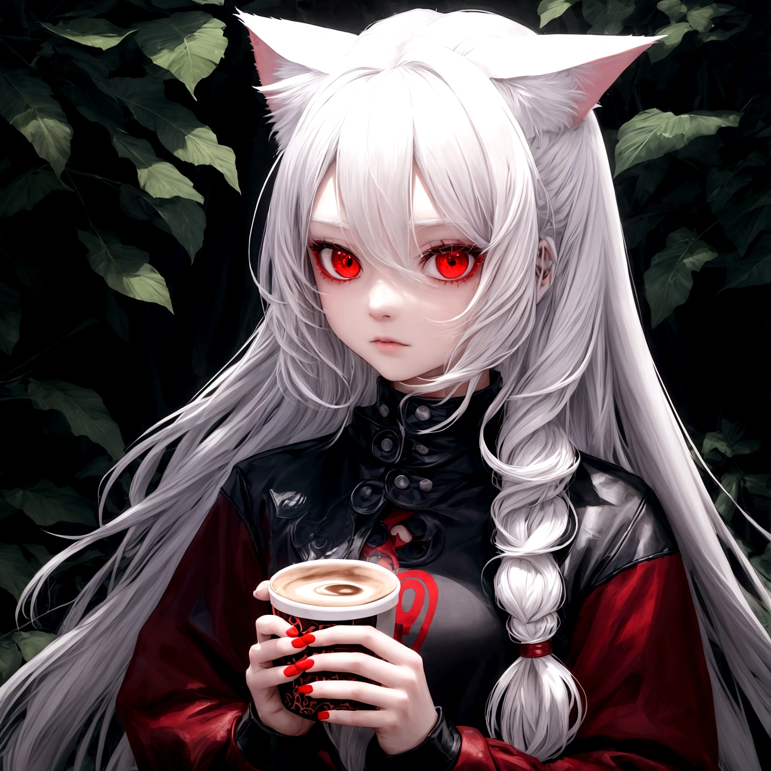 1 girl, beautiful, cool, long hair, white hair, cat ear, red eye, black jacket, red t-shirt, holding a coffee, nature place, 9 finger