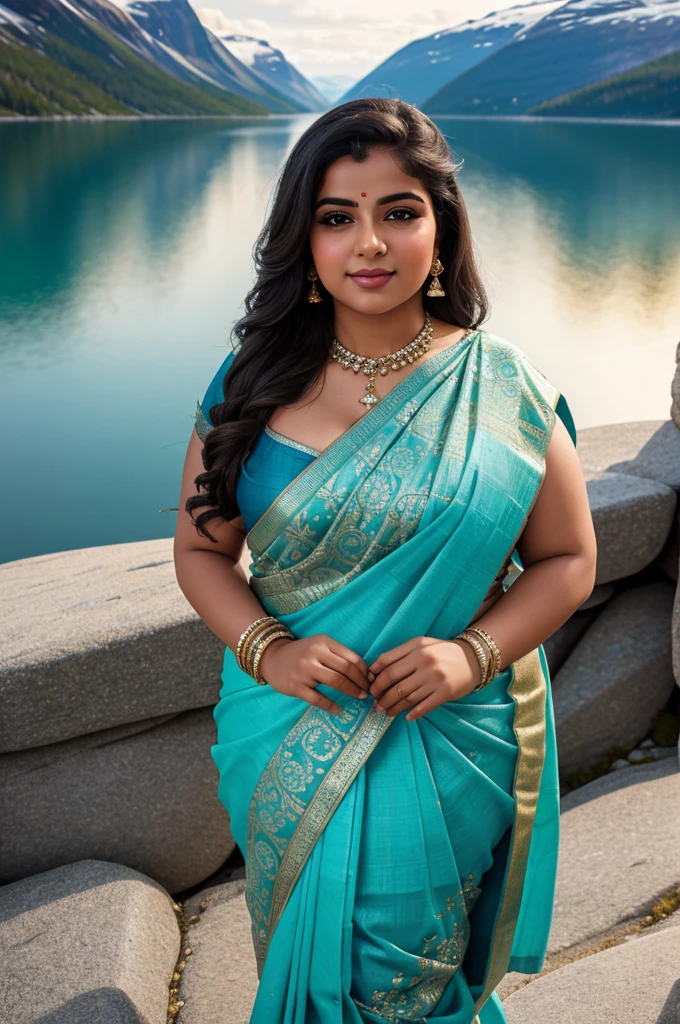 1 Heavenly beautiful and goddess beauty cute and sweet looking face Arabian woman in Trolltunga in Norway , Heavenly beautiful Overweight, Heavenly beautiful Extremely fat, Heavenly beautiful and attractive Chubby figure , Heavenly beautiful looking and eye catching luxury style traditional Indian saree , reaching out, Heavenly beautiful Arabian woman, 16k, High resolution, masterpiece, highest quality, fine skin, outside view, Realistic Photograph, close up figure view