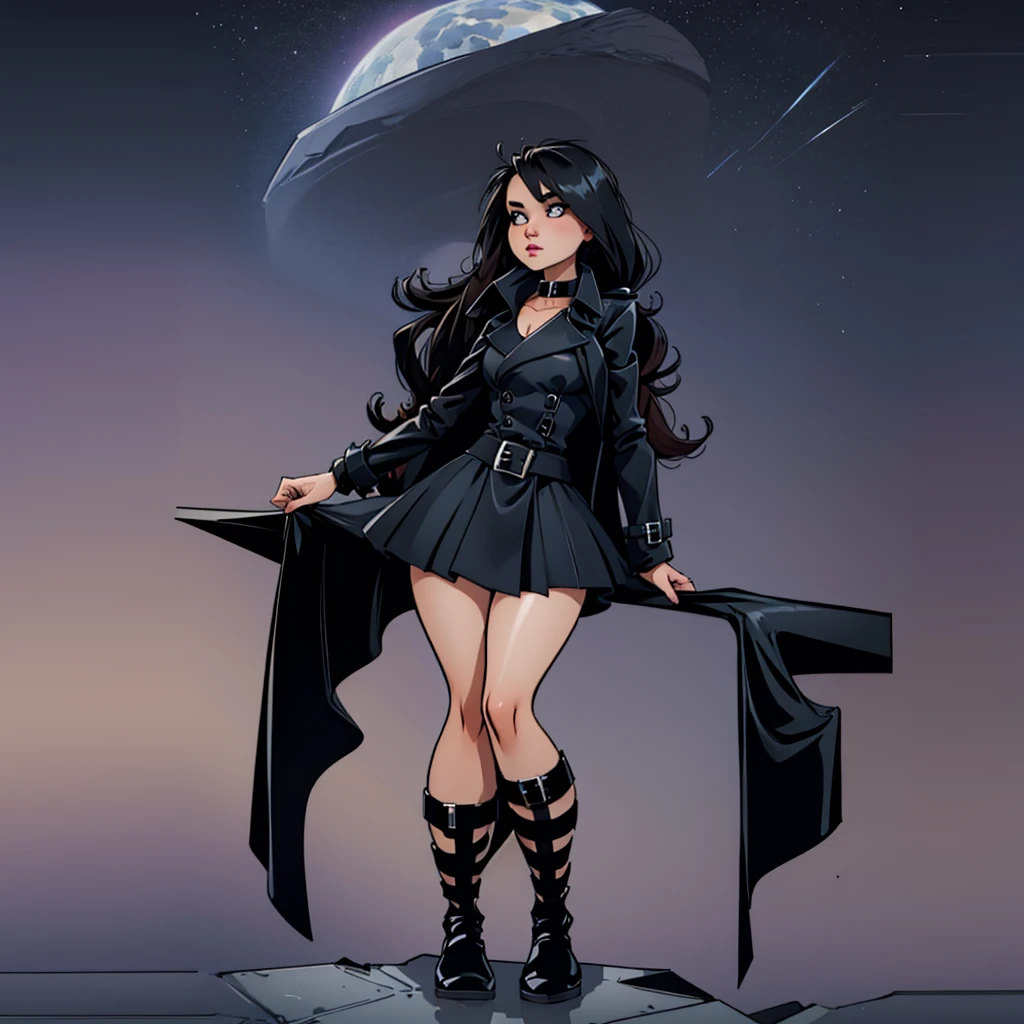 A cryptic girl in a black trench coat is standing on a sky scraper roof top
