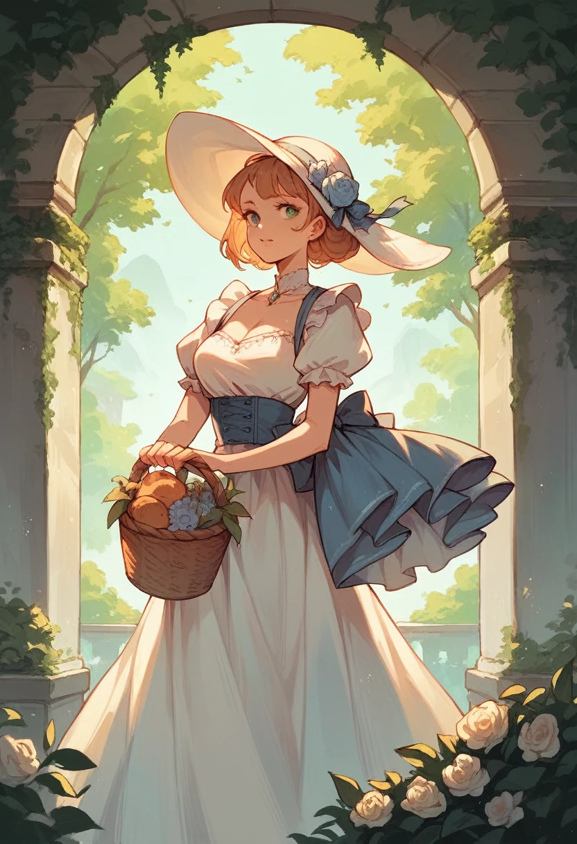 Beautiful girl wearing a dress and hat carrying a basket