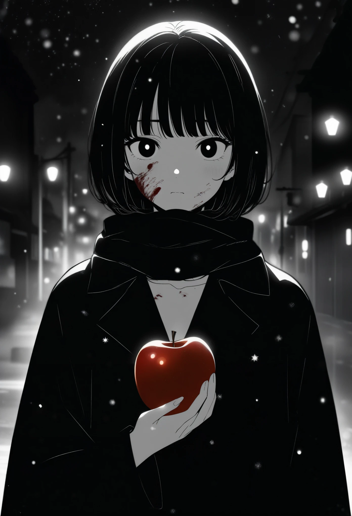 masterpiece, best quality, 1girl, momose_(oqo) official art, grayscale, manga style, japanese, chi no wadachi, black eyes, glowing white pupils, street, iced, black hair, schoolbag, lineart, looking at viewer, blood on face, black coat, black scarf, 35 years old, mature_female:1, tall, fair skinned, bokeh background, bob cut, light particles, centered, snowing, emotional anime scene, scenery, buildings, (very aesthetic, best quality, ultra detailed), intricate details, red and blue lights flashing, cool, soleless, emotionless, tired, taking a bite out of a shiny red apple, eating apple, holding apple to lips, holding, street lamp, surrounded by darkness, stars in the sky, biting, full shot