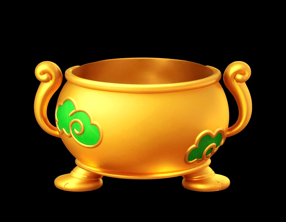 Golden Pot Game Assets, 3d,Strong texture，metallic feel，Golden，3d，HD，8K
