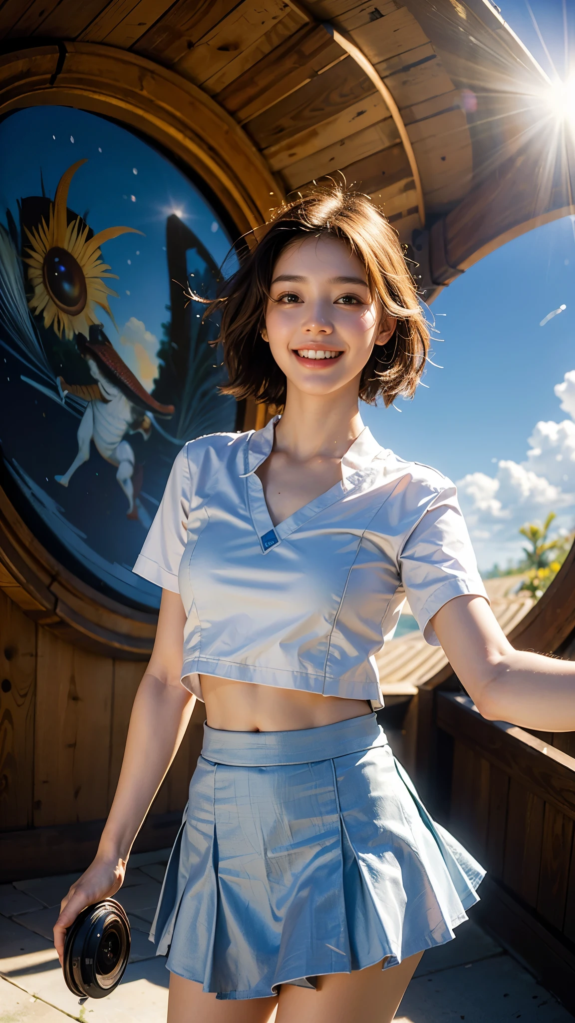 Highest quality, masterpiece, Ultra-high resolution,8K, (Realistic:1.6), (Selfie portrait) RAW Photos, 1 Girl,(Full of smiles, Showing teeth)), 22 years old,((Belly button fashion)),((Long skirt uniform)),((short hair)),((Looking up at the audience)),Face Focus:1.4,((Photographed from below with a fisheye lens:1.2)),((Background of the sun shining in the blue sky)), ((Beautiful Leg Line)),((Smiling with teeth showing)),