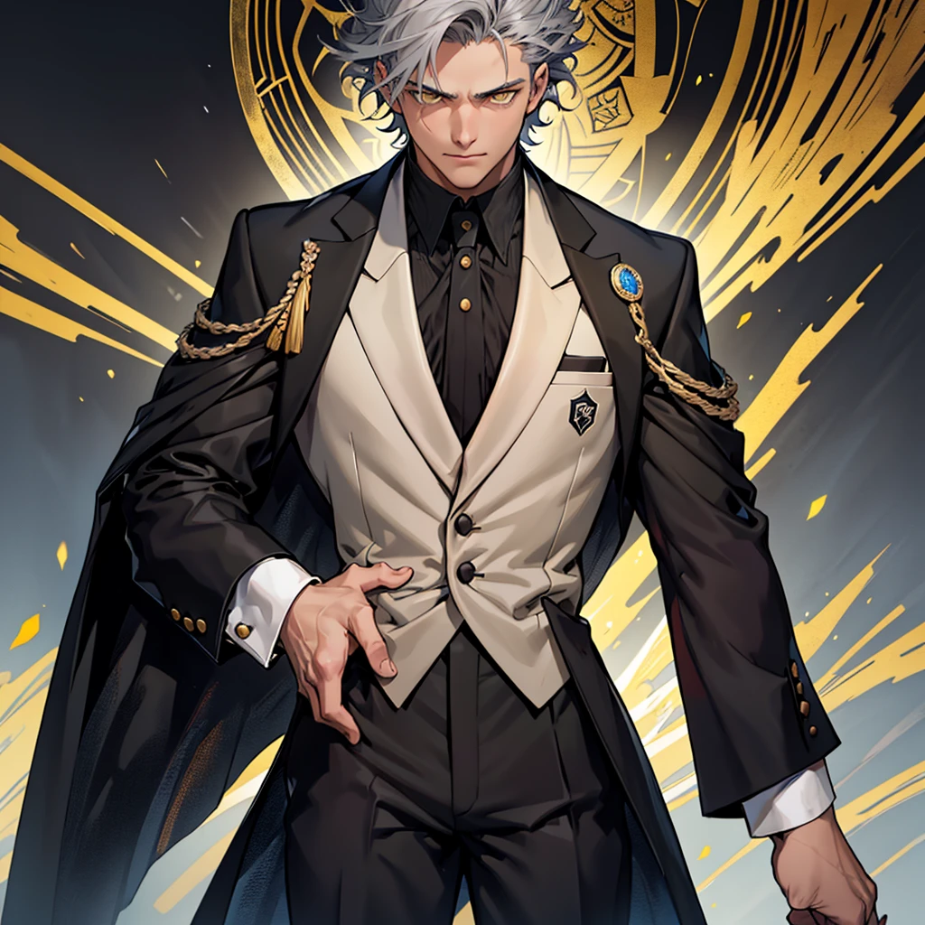 A 15 year old boy, just a boy, just a boy, weak body, fragile body, no muscles, big gray hair, gray hair, big hair, yellow eyes, suit, wearing black suit, tuxedo, wearing tuxedo, medieval background, medieval times, Ultra HD 4k, 4k, Ultra HD