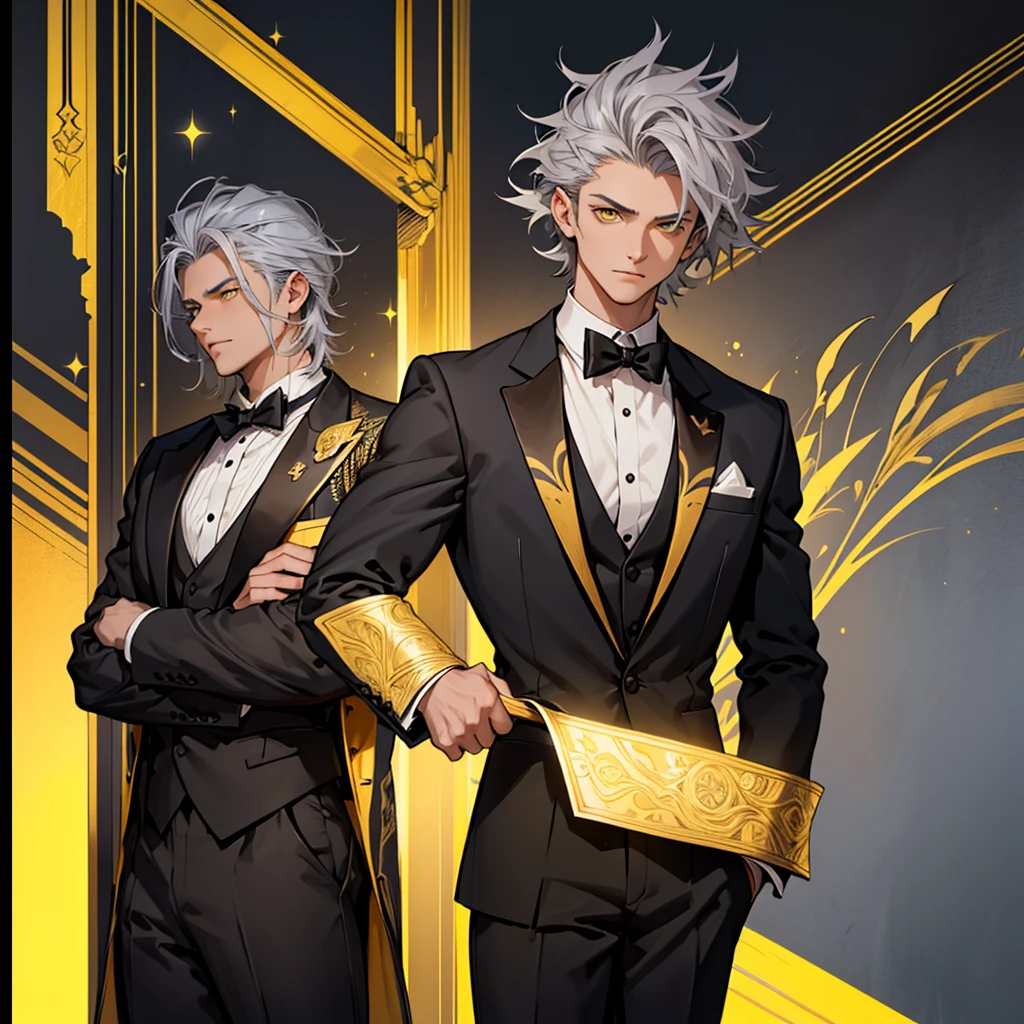 A boy, just a boy, just a boy, weak body, fragile body, no muscles, big gray hair, gray hair, big hair, yellow eyes, suit, wearing black suit, tuxedo, wearing tuxedo, medieval background, medieval times, Ultra HD 4k, 4k, Ultra HD