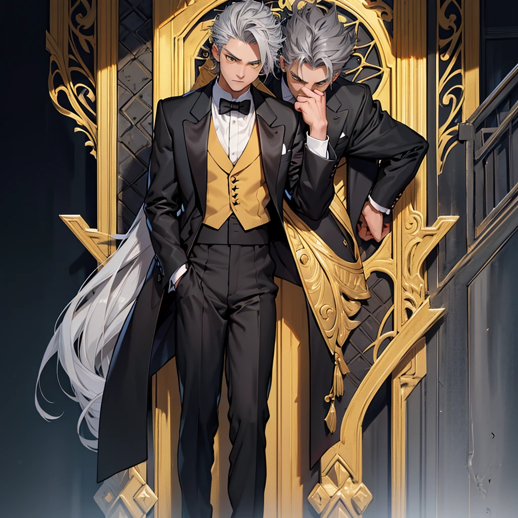 A 15 year old boy, just a boy, just a boy, weak body, fragile body, no muscles, big gray hair, gray hair, big hair, yellow eyes, suit, wearing black suit, tuxedo, wearing tuxedo, medieval background, medieval times, Ultra HD 4k, 4k, Ultra HD
