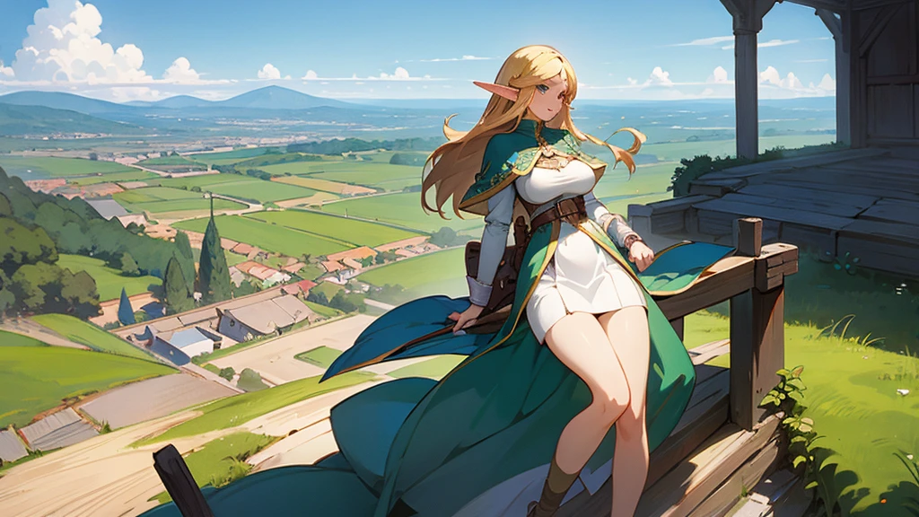 Beautiful Elf Bard,Large Breasts,Healthy thighs,Anime Style,Nostalgic,Detailed background,The medieval world,A distant view from the airship's window,Beautiful sky