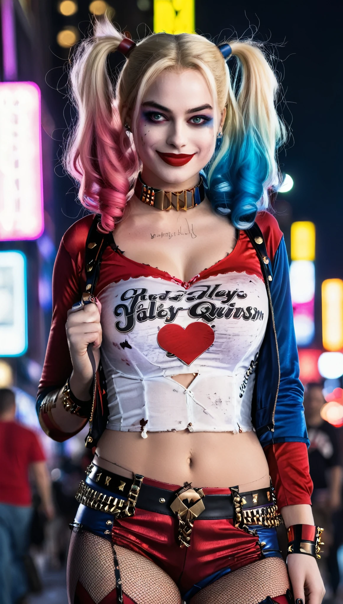 Create a realistic image of a woman, (DD cup breasts), athletic build, hourglass figure, dressed as a Harley Quinn-inspired character, psychotic smile. She has blonde hair styled in two pigtails, with the ends dyed red and blue. She wears a red and black corset top with lace-up detailing, red shorts, and a choker necklace. She has amazing legs. Her makeup includes bold eye colors matching her hair and a small heart on her cheek. The background is a vibrant city street at night, with neon lights and a bustling crowd of people. The overall atmosphere is edgy and dynamic, capturing a playful yet mischievous vibe. (Wide angle distant full body view:1.6). Hyper realistic photo, vibrant colors, 16k