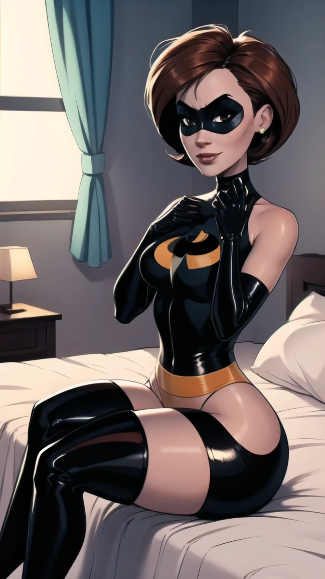 (masterpiece), best quality, depth of field, 1girl, solo, looking at viewer, smilling,breasts, helenparr, domino mask, mask, bodysuit, elbow gloves, thighhighs, thigh boots, wide hips, sitting on bed edge, legs crossed, at the kid's bedroom