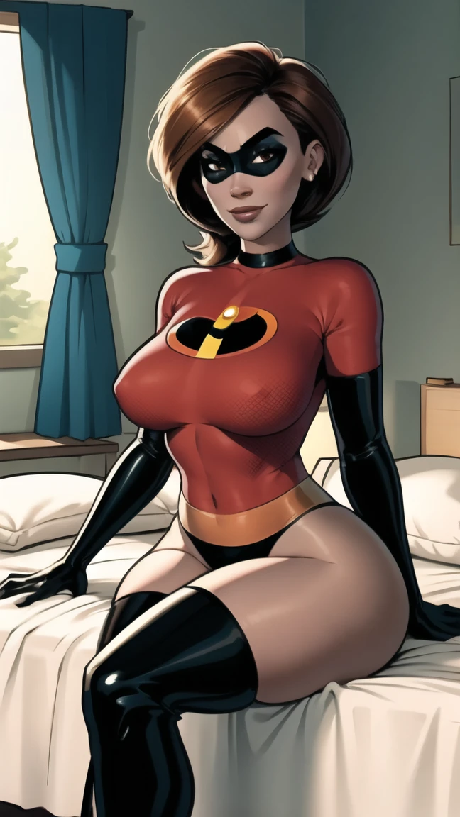 (masterpiece), best quality, depth of field, 1girl, solo, looking at viewer, smilling,breasts, helenparr, domino mask, mask, bodysuit, elbow gloves, thighhighs, thigh boots, wide hips, sitting on bed edge, legs crossed, at the 's bedroom