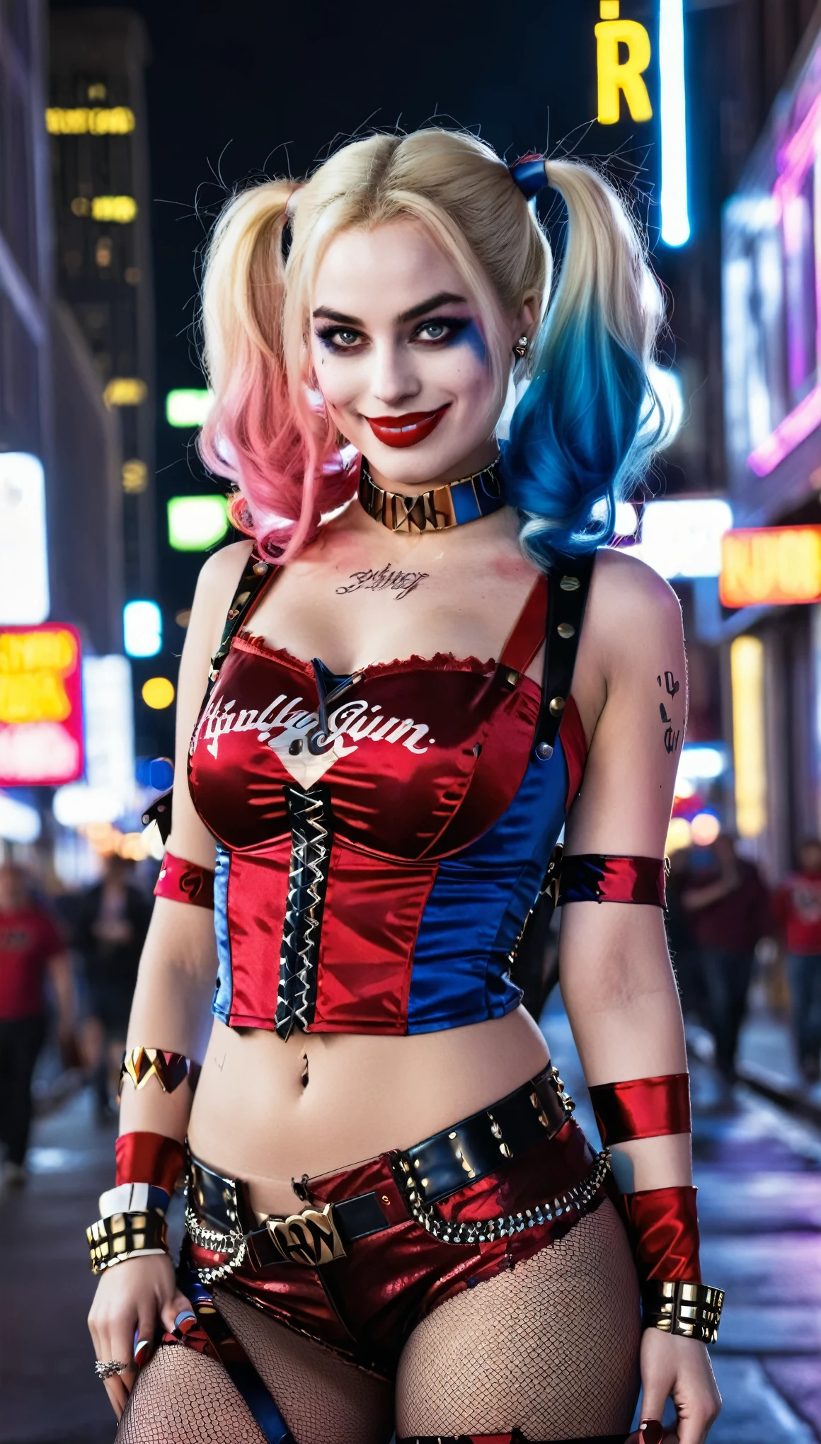 Create a realistic image of a woman, (DD cup breasts), athletic build, hourglass figure, dressed as a Harley Quinn-inspired character, psychotic smile. She has blonde hair styled in two pigtails, with the ends dyed red and blue. She wears a red and black corset top with lace-up detailing, red shorts, and a choker necklace. She has amazing legs. Her makeup includes bold eye colors matching her hair and a small heart on her cheek. The background is a vibrant city street at night, with neon lights and a bustling crowd of people. The overall atmosphere is edgy and dynamic, capturing a playful yet mischievous vibe. (Wide angle distant full body view:1.6). Hyper realistic photo, vibrant colors, 16k