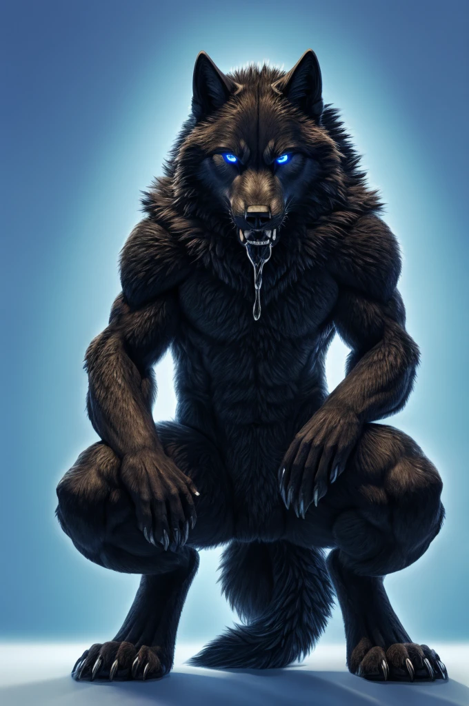 Perspective from below black wolf naked male furry legs apart looking down blue background squat pose blue eyes serious look claws on knees fluffy tail scars growling salivating