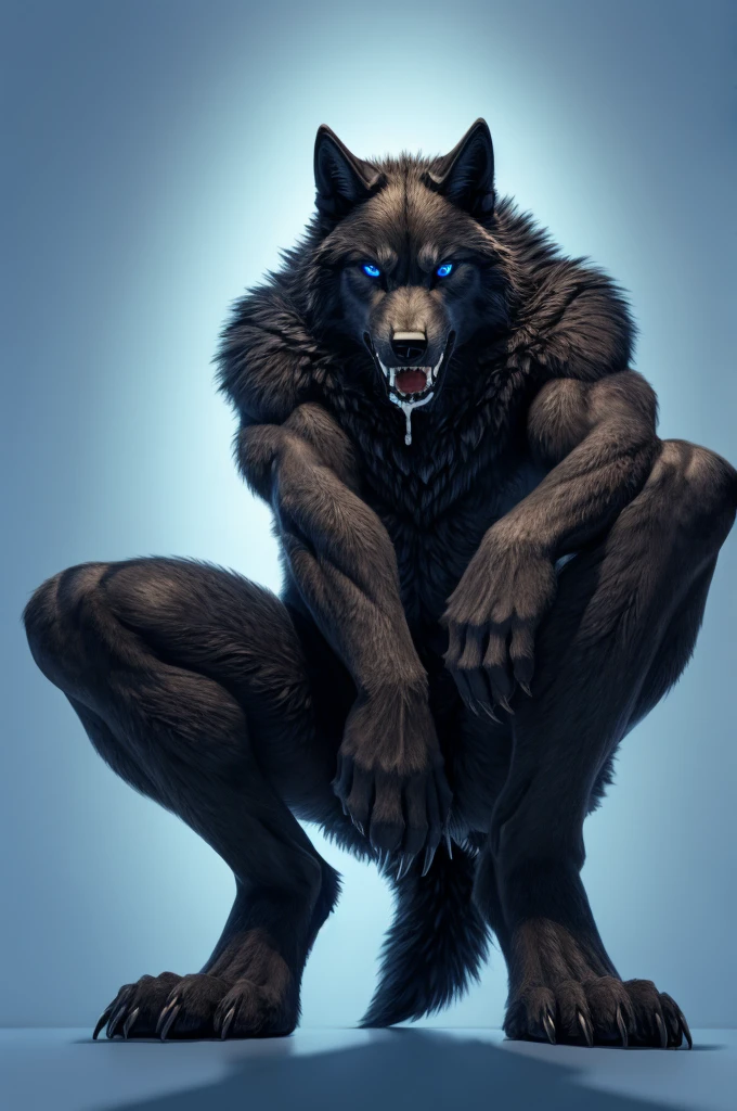 Perspective from below black wolf naked male furry legs apart looking down blue background squat pose blue eyes serious look claws on knees fluffy tail scars growling salivating