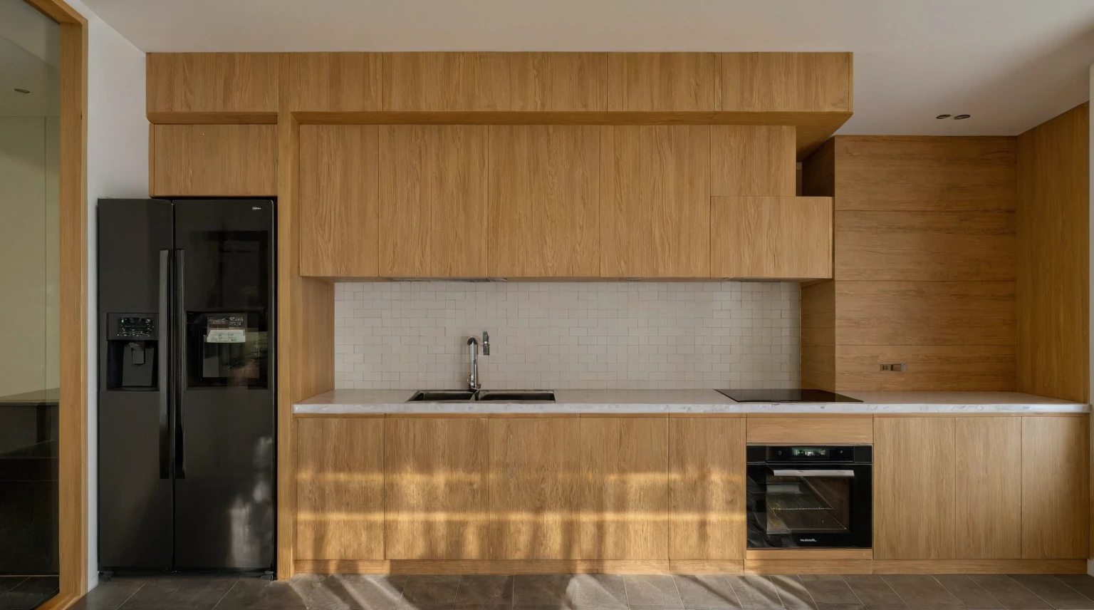 Raw photo, Masterpiece, high quality, best quality, authentic, super detail, interior, indoors, style modern, minimalist line, wooden, oak wood, led light, beige paint wall, sofa, daylight, atrium, LIVING ROOM, PEN HOUSE, kitchen, island kitchen, alu window, japan style, wasabi style, Jen style, steel stair,