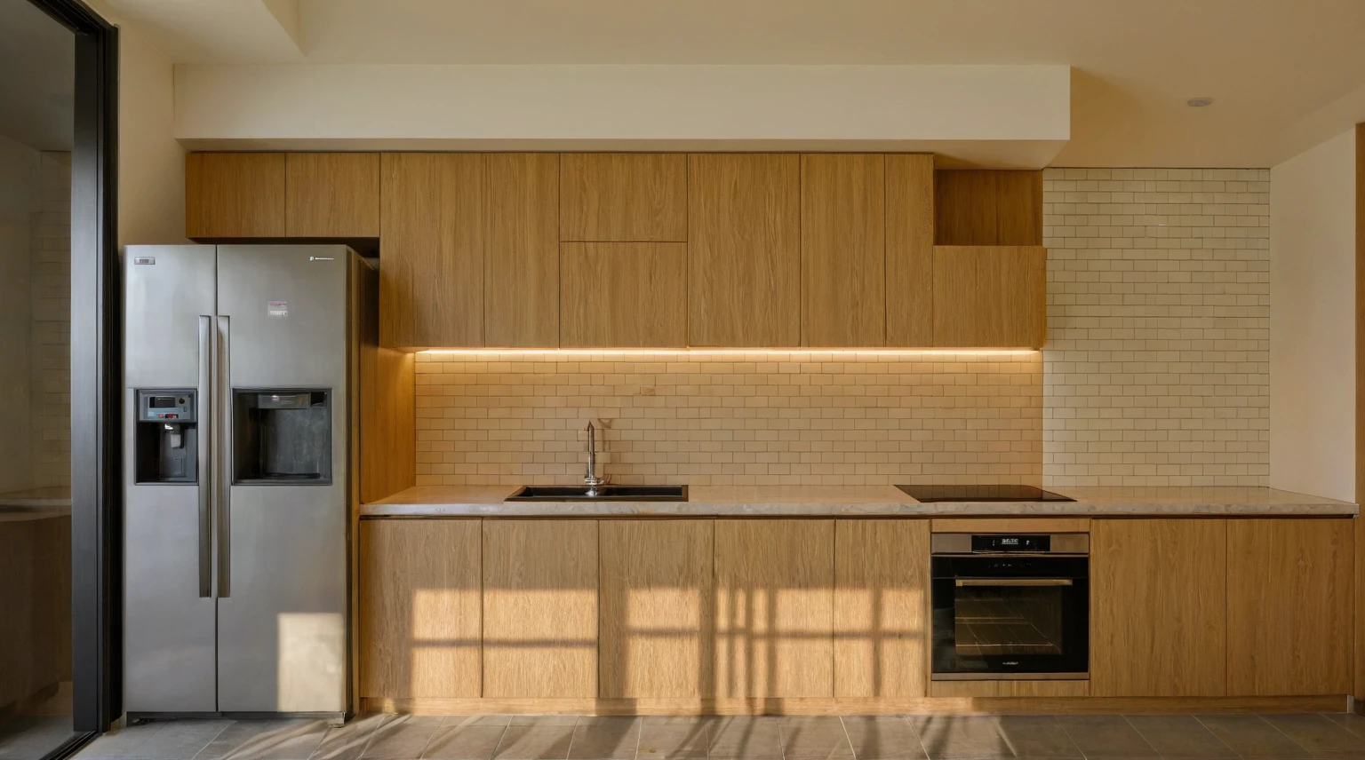 Raw photo, Masterpiece, high quality, best quality, authentic, super detail, interior, indoors,  style modern, minimalist line, wooden, oak wood, led light, beige paint wall, sofa, daylight, atrium, LIVING ROOM, PEN HOUSE, kitchen, island kitchen, alu window, japan style, wasabi style, Jen style, steel stair, 