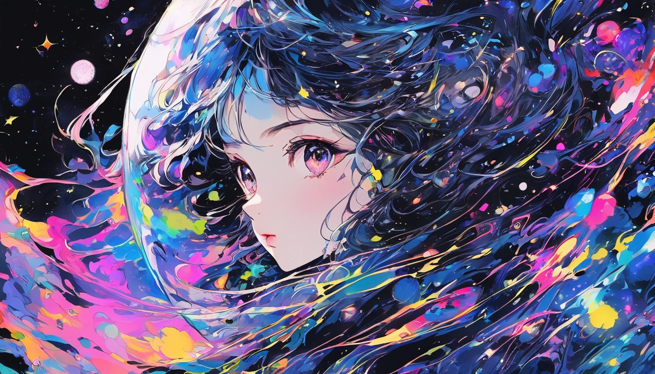 (Highest quality、sketch:1.2)、Epic Real、(Super detailed ayes)、Illustrator、anime、One girl、Detailed lips、custom、Gradient Background、Neon Hair、Texture Trimming、masterpiece、anime、Woman standing looking at a black hole、Fantasy World、Trending on Art Station、space art、夢のようなサイケデリックanime、美しいanimeシーン、animeの叙事詩のアートワーク。anime、photograph、photograph、Pause、average length