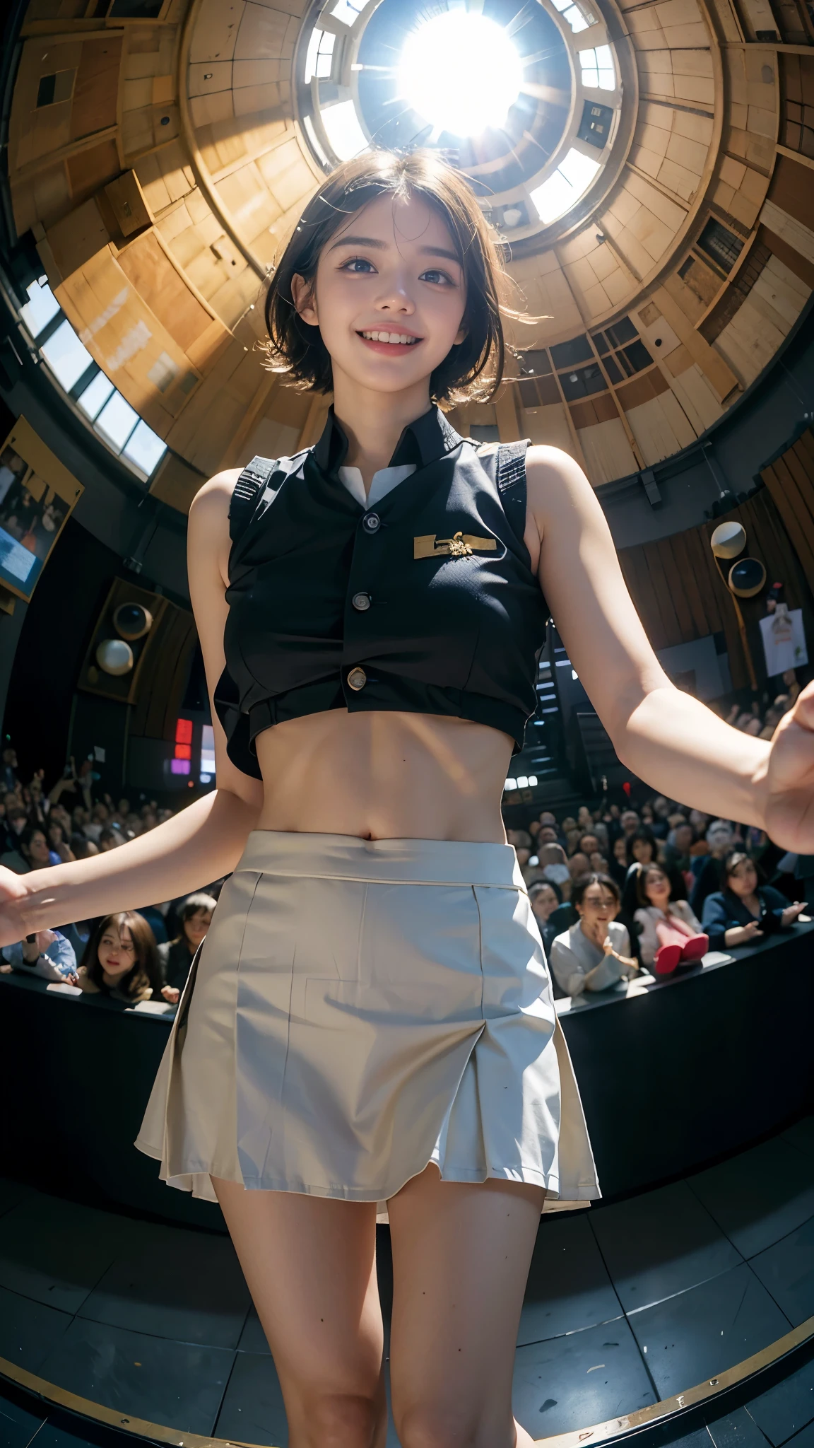 Highest quality, masterpiece, Ultra-high resolution,8K, (Realistic:1.6), (Selfie portrait) RAW Photos, 1 Girl,(Full of smiles, Showing teeth)), 22 years old,((Belly button fashion)),((Long skirt uniform)),((short hair)),((Looking up at the audience)),Face Focus:1.4,((Photographed from below with a fisheye lens:1.4)),((Background of the sun shining in the blue sky)), ((Beautiful Leg Line)),((Smiling with teeth showing)),