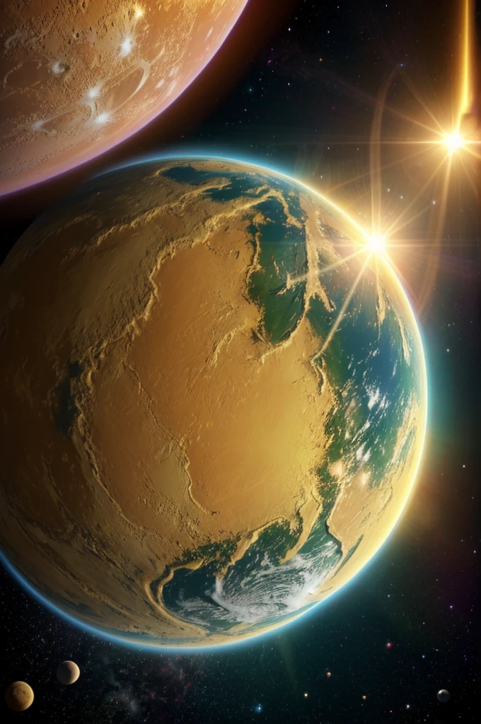 An image of a yellow planet, with golden rings, let the planet be pink, that it is illuminated by sunlight and the background is a light blue but you can see that it is a universe, that under the planet have the word "yeproductions", it doesn&#39;t look so realistic, make it look animated, and the image is in the shape of a square