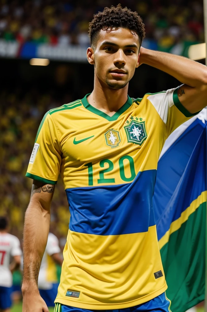 A man wearing half Brazil and half Portugal soccer jerseys