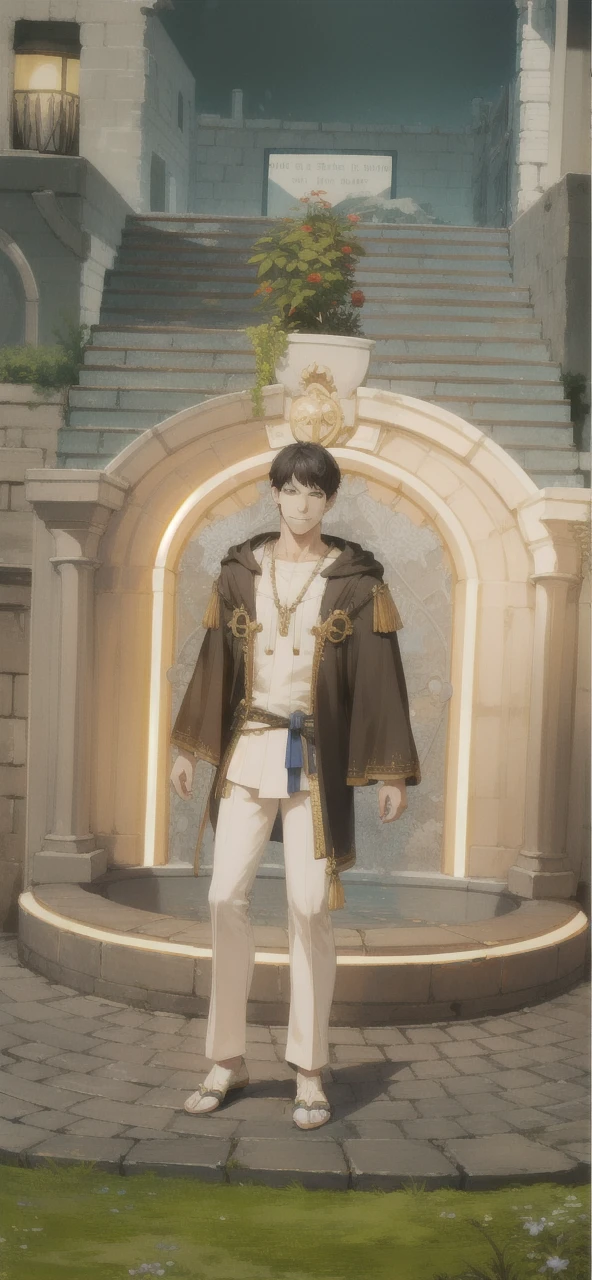 (absurdres, highres, ultra detailed), 1 male, mature, manly, tall muscular, handsome, finely detailed eyes, intricate details, portrait, (bloody scars:0.7), looking down, solo, half shot, detailed background, (victorian theme:1.1),  determined smile, battle cleric, hovering in air, bright clouds, floating scraps, fighting stance, color chain mail, divine smite, bright realistic lighting, burning village,  hood, coat of arms,   hair blowing in wind,