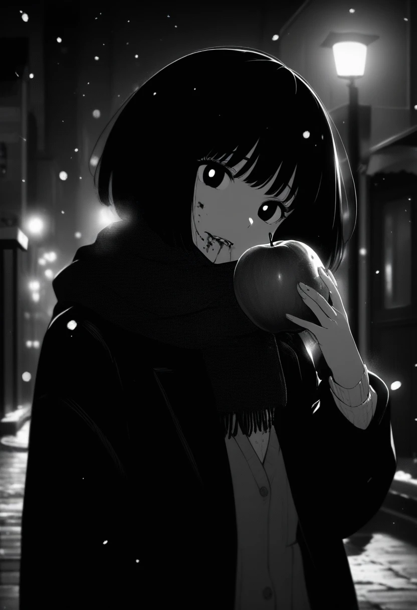 masterpiece, best quality, 1girl, momose_(oqo) official art, grayscale, manga style, japanese, chi no wadachi, black eyes, glowing white pupils, street, iced, black hair, schoolbag, lineart, looking at viewer, blood on face, black coat, black scarf, 35 years old, mature_female:1, tall, fair skinned, bokeh background, bob cut, light particles, centered, snowing, emotional anime scene, scenery, buildings, (very aesthetic, best quality, ultra detailed), intricate details, red and blue lights flashing, cool, soleless, emotionless, tired, taking a bite out of a shiny red apple, eating apple, holding apple to lips, holding, street lamp, surrounded by darkness, stars in the sky, biting, full shot, sidewalk
