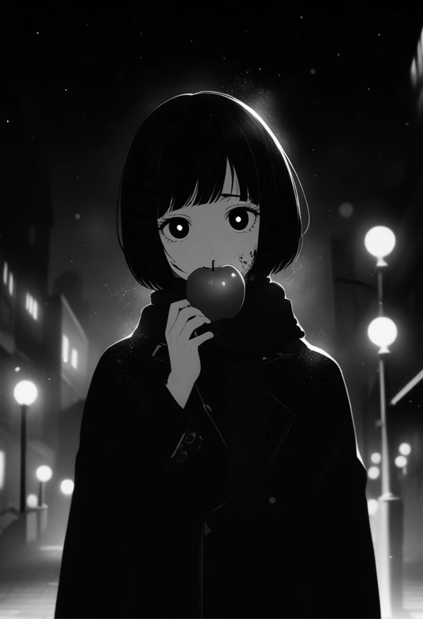 masterpiece, best quality, 1girl, momose_(oqo) official art, grayscale, manga style, japanese, chi no wadachi, black eyes, glowing white pupils, street, iced, black hair, schoolbag, lineart, looking at viewer, blood on face, black coat, black scarf, 35 years old, mature_female:1, tall, fair skinned, bokeh background, bob cut, light particles, centered, snowing, emotional anime scene, scenery, buildings, (very aesthetic, best quality, ultra detailed), intricate details, red and blue lights flashing, cool, soleless, emotionless, tired, taking a bite out of a shiny red apple, eating apple, holding apple to lips, holding, street lamp, surrounded by darkness, stars in the sky, biting, full shot, sidewalk
