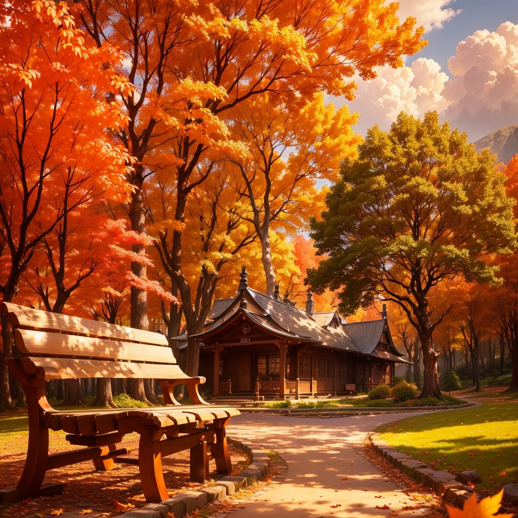 (Highest quality, High resolution), Vibrant colors,Low - Angle,
(古びたwood製のベンチ:1.3),Fascinating and enchanting autumn scenery. Warm earth tones, Soft and natural lighting.Autumn leaves background, Vibrant colorsの葉, The golden leaves gently fall, wood々Warm sunlight shining in from between, Peaceful and calm atmosphere, Soft rays of light illuminating the scene, The sound of rustling leaves, Fresh, cool air, Textured bark, A carpet of fallen leaves on the ground, Quiet and picturesque setting, Natural beauty in full bloom,