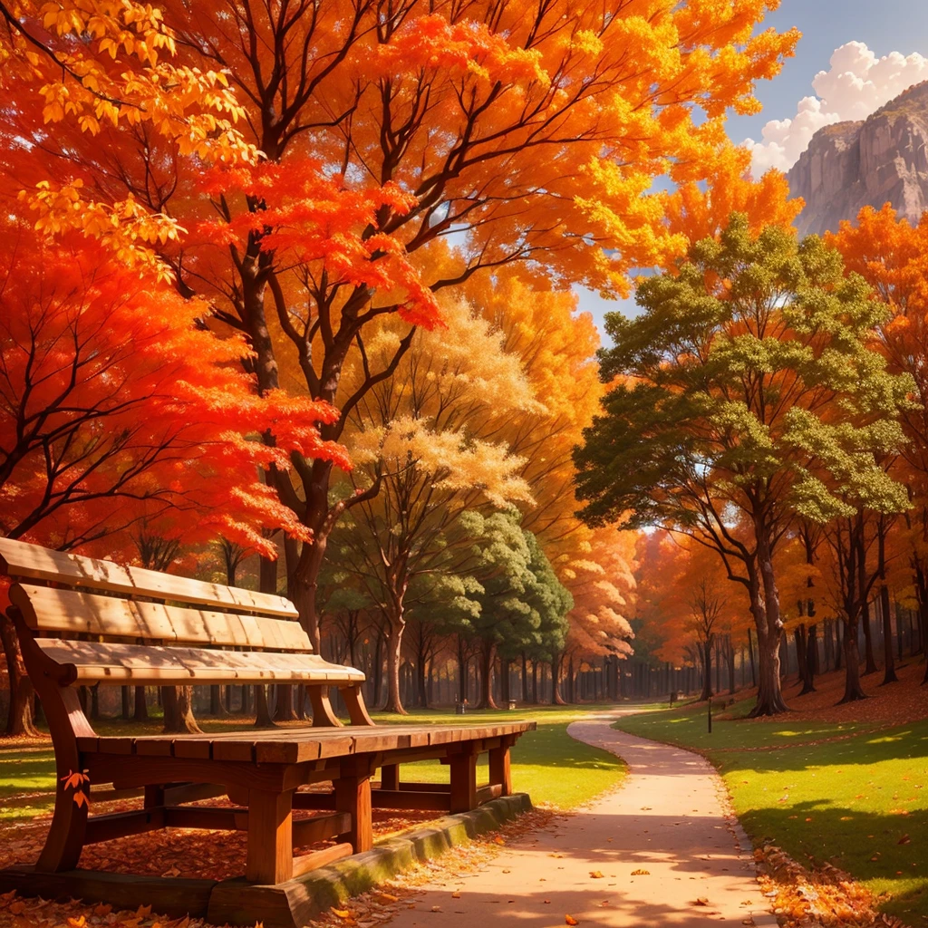 (Highest quality, High resolution), Vibrant colors,Low - Angle,

(古びたwood製のベンチ:1.3),Fascinating and enchanting autumn scenery. Warm earth tones, Soft and natural lighting.Autumn leaves background, Vibrant colorsの葉, The golden leaves gently fall, wood々Warm sunlight shining in from between, Peaceful and calm atmosphere, Soft rays of light illuminating the scene, The sound of rustling leaves, Fresh, cool air, Textured bark, A carpet of fallen leaves on the ground, Quiet and picturesque setting, Natural beauty in full bloom, 