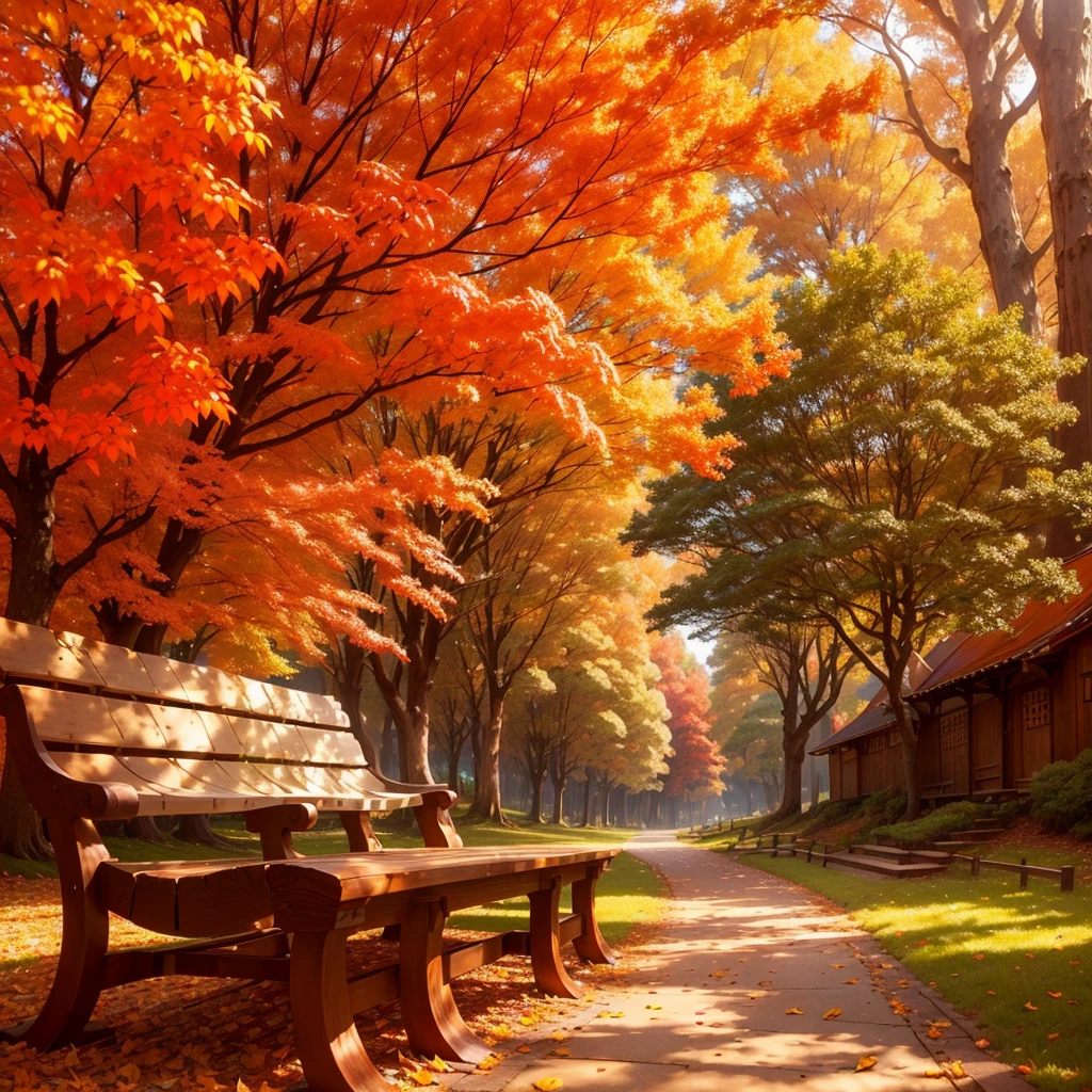 (Highest quality, High resolution), Vibrant colors,Low - Angle,
(古びたwood製のベンチ:1.3),Fascinating and enchanting autumn scenery. Warm earth tones, Soft and natural lighting.Autumn leaves background, Vibrant colorsの葉, The golden leaves gently fall, wood々Warm sunlight shining in from between, Peaceful and calm atmosphere, Soft rays of light illuminating the scene, The sound of rustling leaves, Fresh, cool air, Textured bark, A carpet of fallen leaves on the ground, Quiet and picturesque setting, Natural beauty in full bloom,