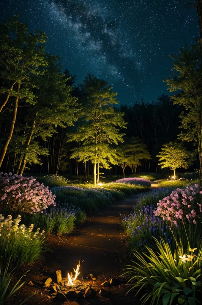 Enchanted forest with flowers and fireflies