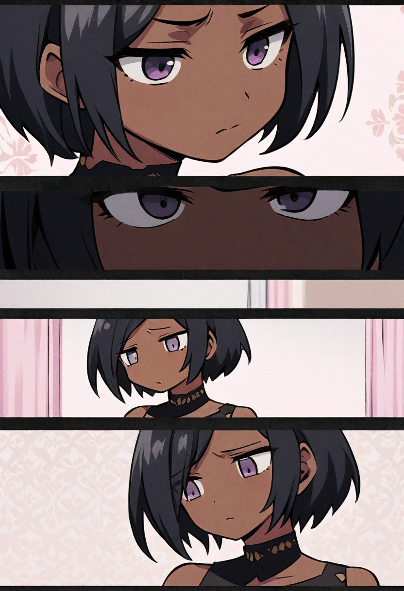 dark skin的女孩，Shy, shy，Medusa style，short hair，黑色short hair，Natural expression，one person，Comic style wallpaper，dark skin