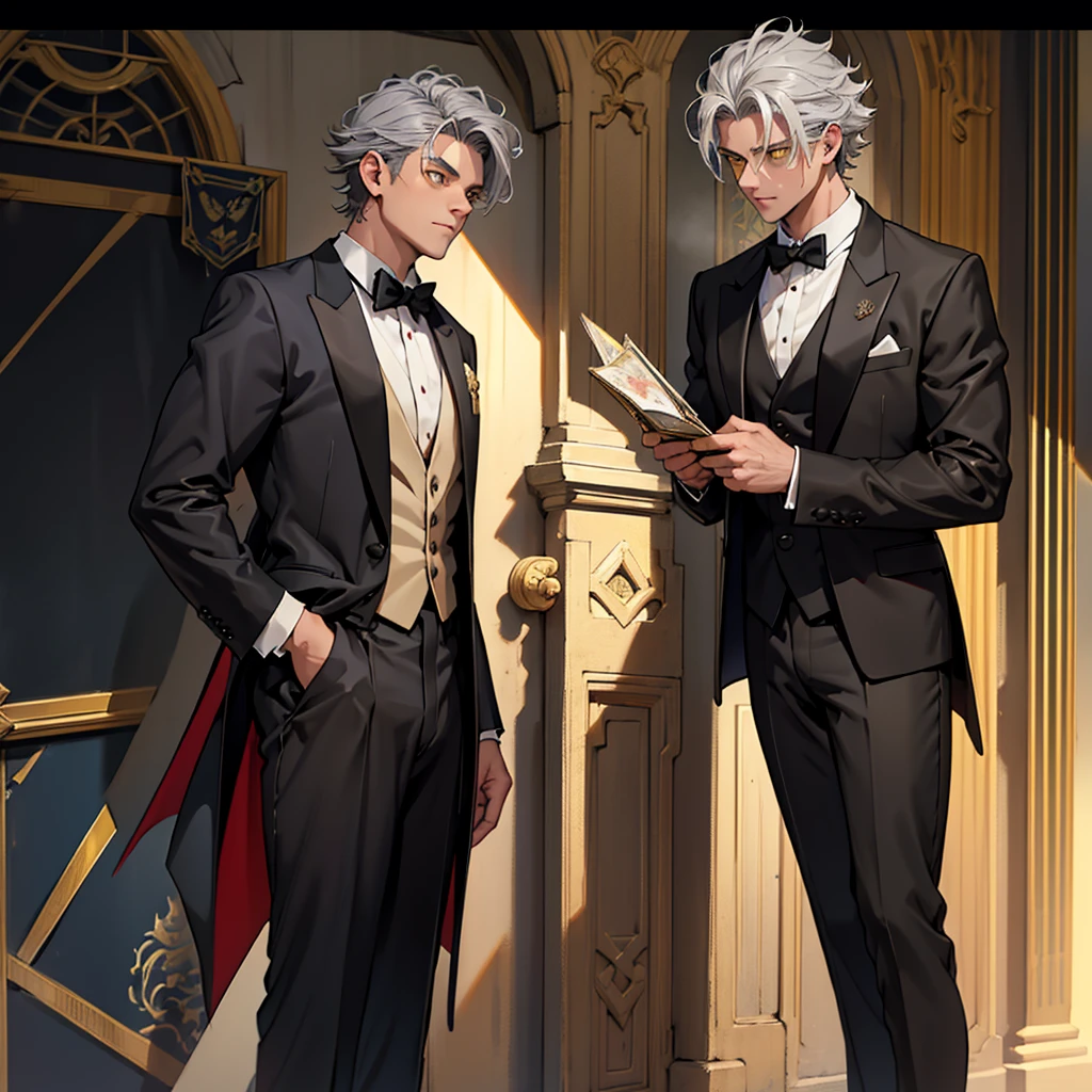 A 15 year old boy, just a boy, just a boy, weak body, fragile body, no muscles, big gray hair, gray hair, big hair, yellow eyes, suit, wearing black suit, tuxedo, wearing tuxedo, medieval background, medieval times, Ultra HD 4k, 4k, Ultra HD