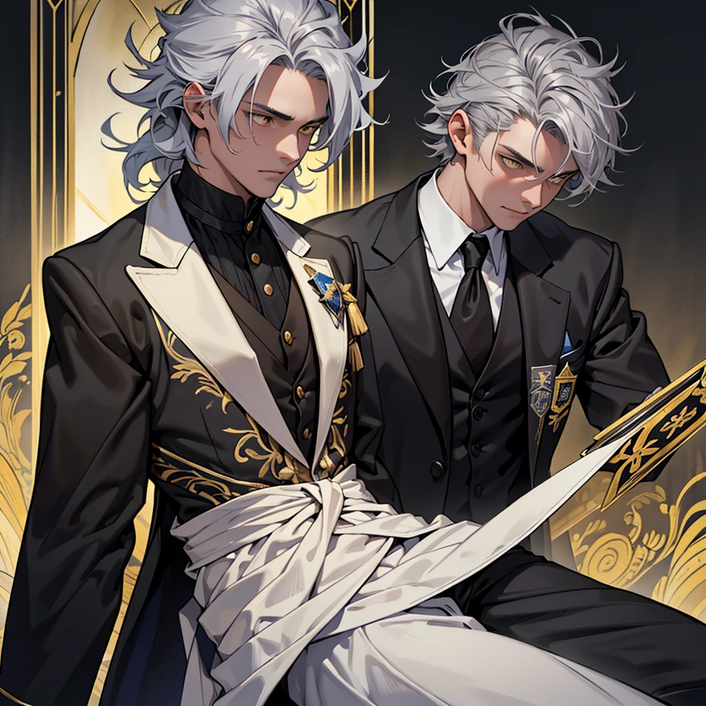 A 15 year old boy, just a boy, just a boy, weak body, fragile body, no muscles, big gray hair, gray hair, big hair, yellow eyes, suit, wearing black suit, tuxedo, wearing tuxedo, medieval background, medieval times, Ultra HD 4k, 4k, Ultra HD