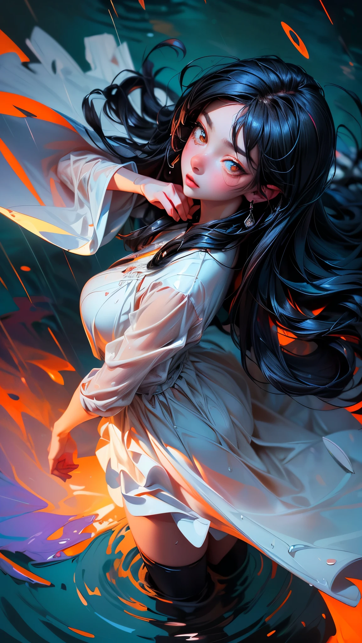 (Highest picture quality), (Master's work), (ultra-detailed), the portrait is centered, 1girl, raiden shogun, (magnificent dress), blush, hips, ((from above:1.2), (water drop, (rain), (outdoors), stained, wet hair, magnificent dress, scenery, (long hair), nature background, close up, ((on back)), water, in water, masterpiece, best quality, ultra high res, highly detailed, (abstract expressionism art:1.4), [girl | fire ghost:10], love, sparking fire eyes, dark rainbow theme, colorful, visually stunning, beautiful, gorgeous, emotional, intricate, perferct shading, cartoon style, disney style