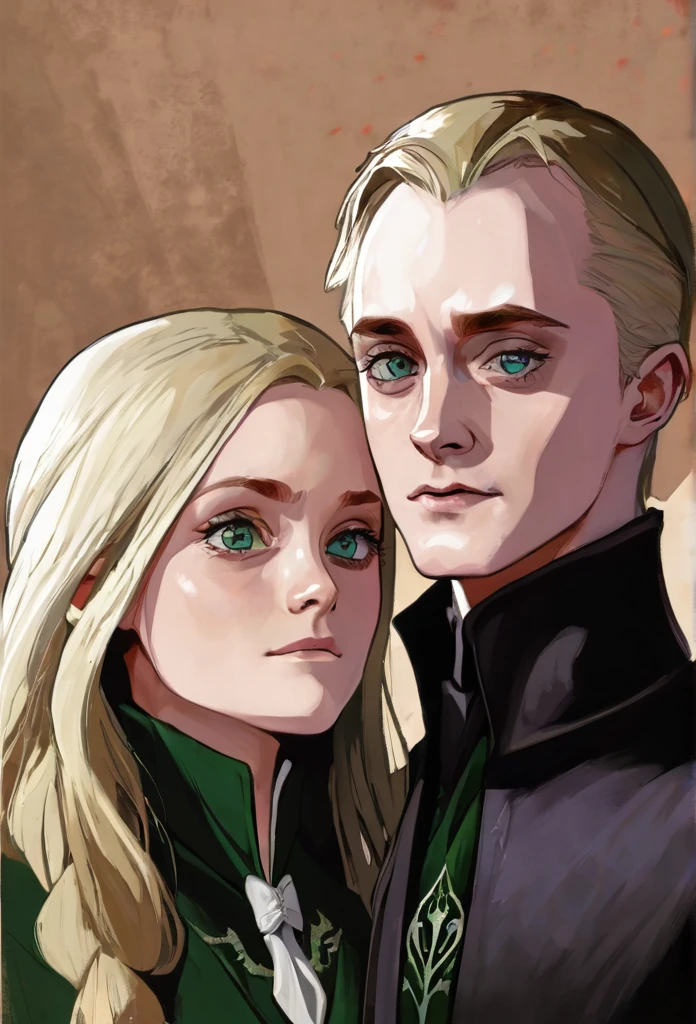 Drago Malefoy et Ginny Weasley, visage et yeux détails, qui se font un câlin encerclé par des mangemorts