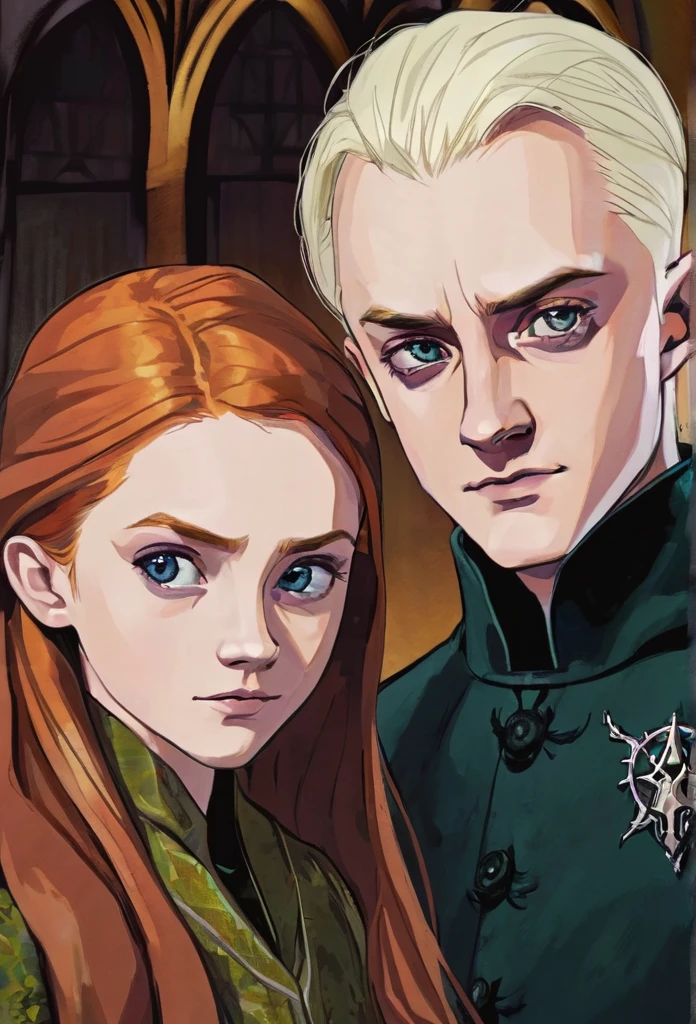 
Drago Malefoy et Ginny Weasley, visage et yeux détails, qui se font un câlin encerclé par des mangemorts